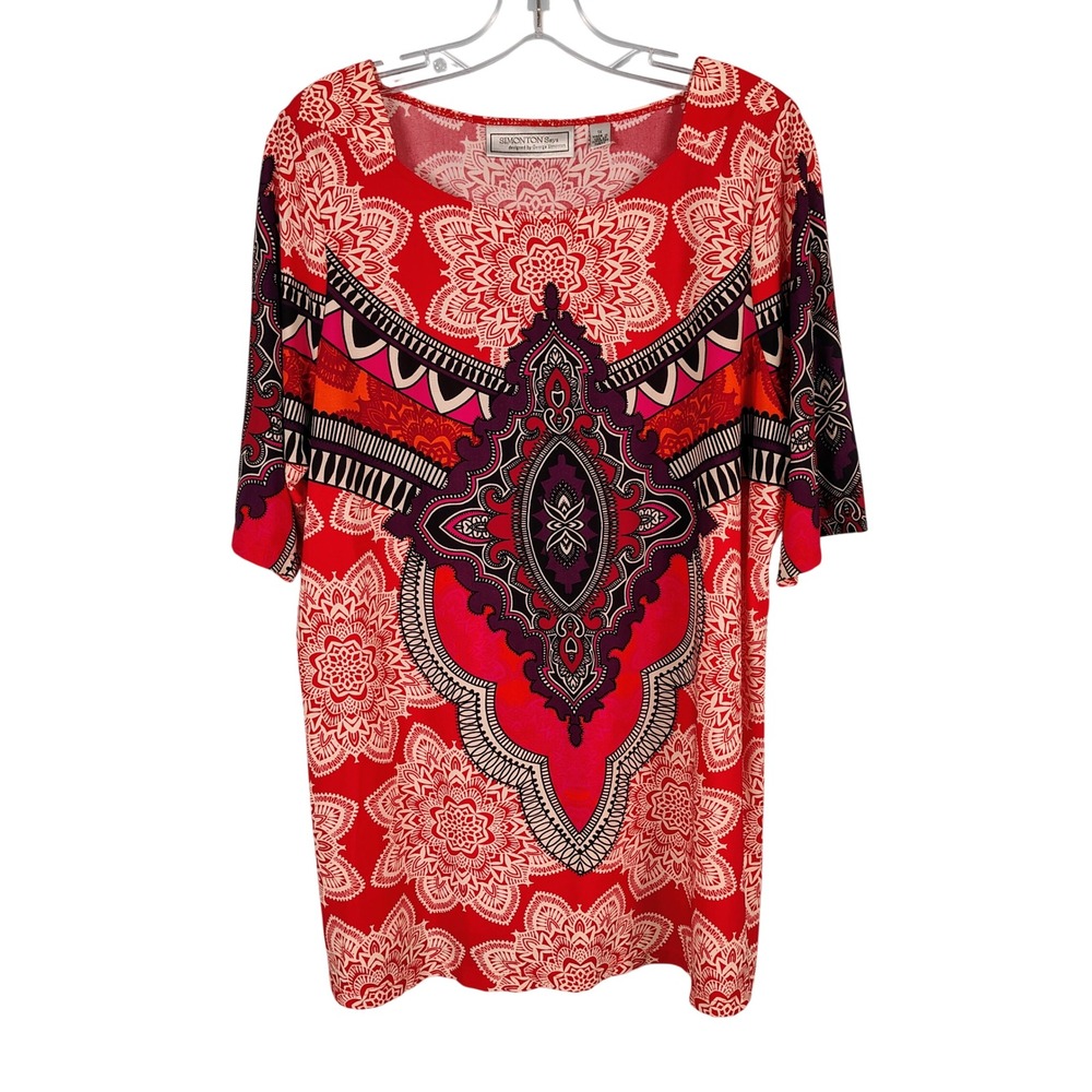 Womens 1X Simonton Says Tunic Red Mandala Geometric Boho Eclectic Top
